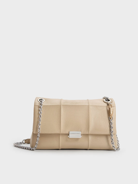 CHARLES & KEITH Delfina Quilted Chain-Strap Shoulder Bag - Sand Beige
