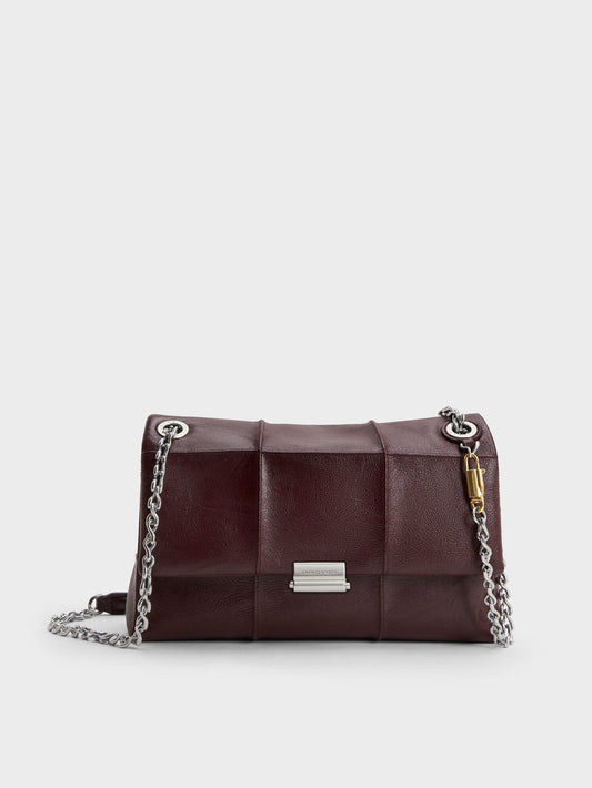 CHARLES & KEITH Delfina Quilted Chain-Strap Shoulder Bag - Wineberry Red
