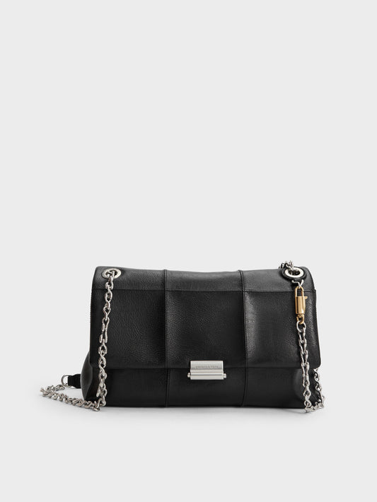 CHARLES & KEITH Delfina Quilted Chain-Strap Shoulder Bag - Black