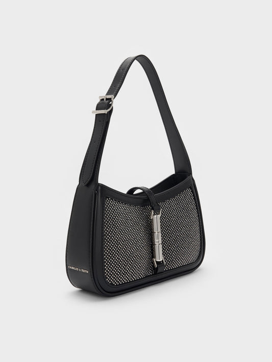 CHARLES & KEITH Cesia Satin Crystal Metallic-Accent Shoulder Bag - Lustrous Noir